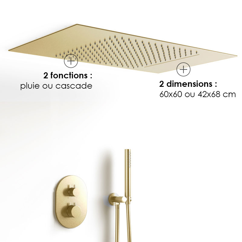 Composition de douche thermostatique avec ciel de pluie encastré doré brossé, Châtelet
