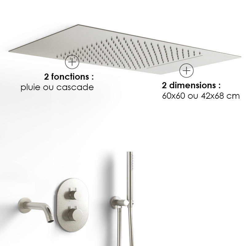 Composition bain-douche thermostatique avec ciel de pluie encastré inox brossé, Châtelet