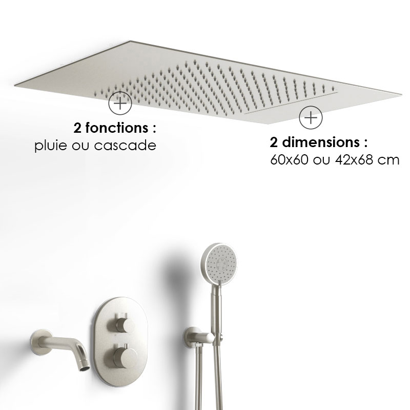 Composition bain-douche thermostatique avec ciel de pluie encastré inox brossé, Châtelet