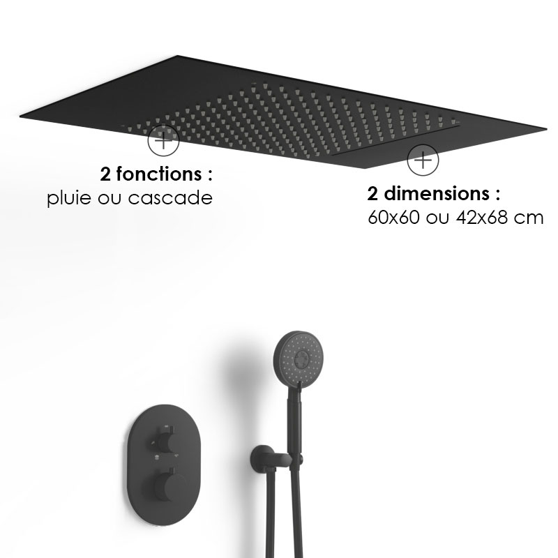 Composition de douche thermostatique avec ciel de pluie encastré noir mat, Châtelet