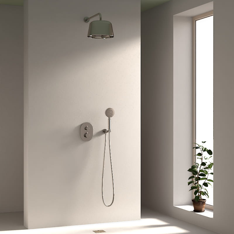 Mitigeur de douche encastrée avec pomme cloche inox poli et douchette ronde, Châtelet