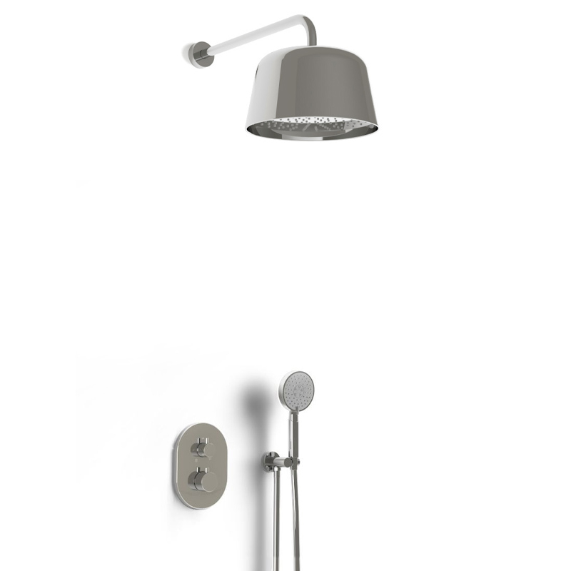 Mitigeur de douche encastrée avec pomme cloche inox poli et douchette ronde, Châtelet