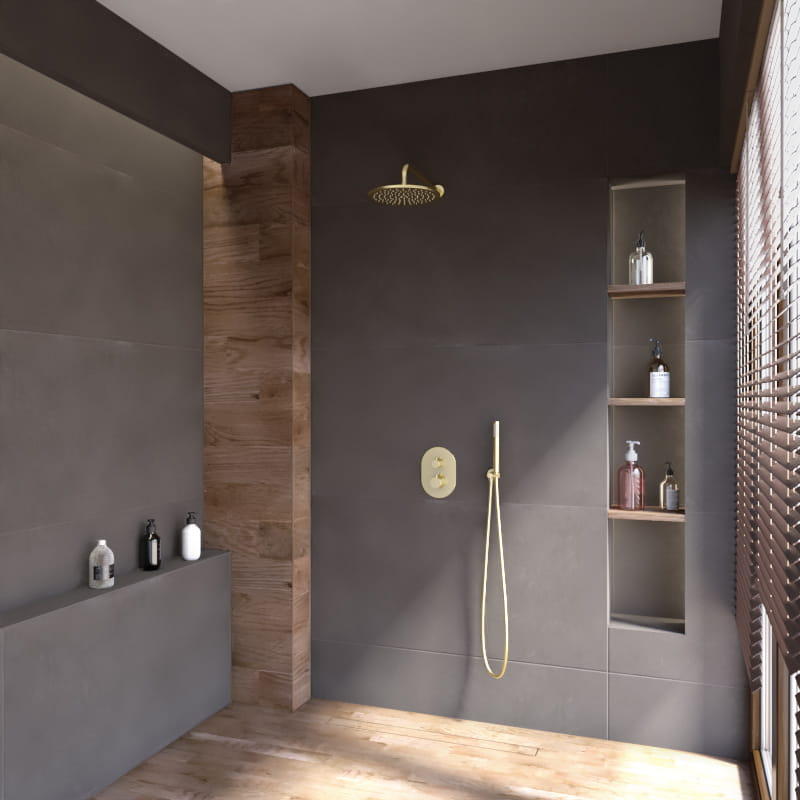 Composition mitigeur de douche thermostatique encastré doré brossé, Châtelet