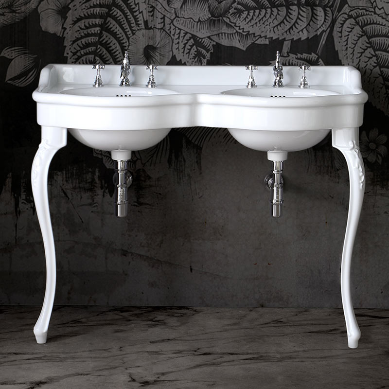 Console lavabo double vasque, 3 troues, 120 cm, Queen