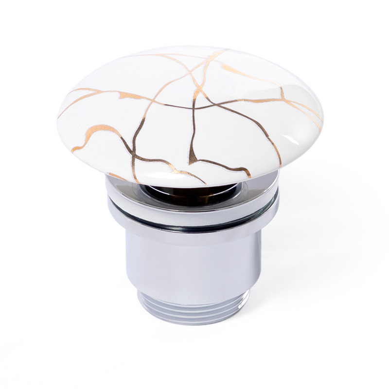 Bonde lavabo clic-clac ou fixe, finition Blanc brillant avec motif or