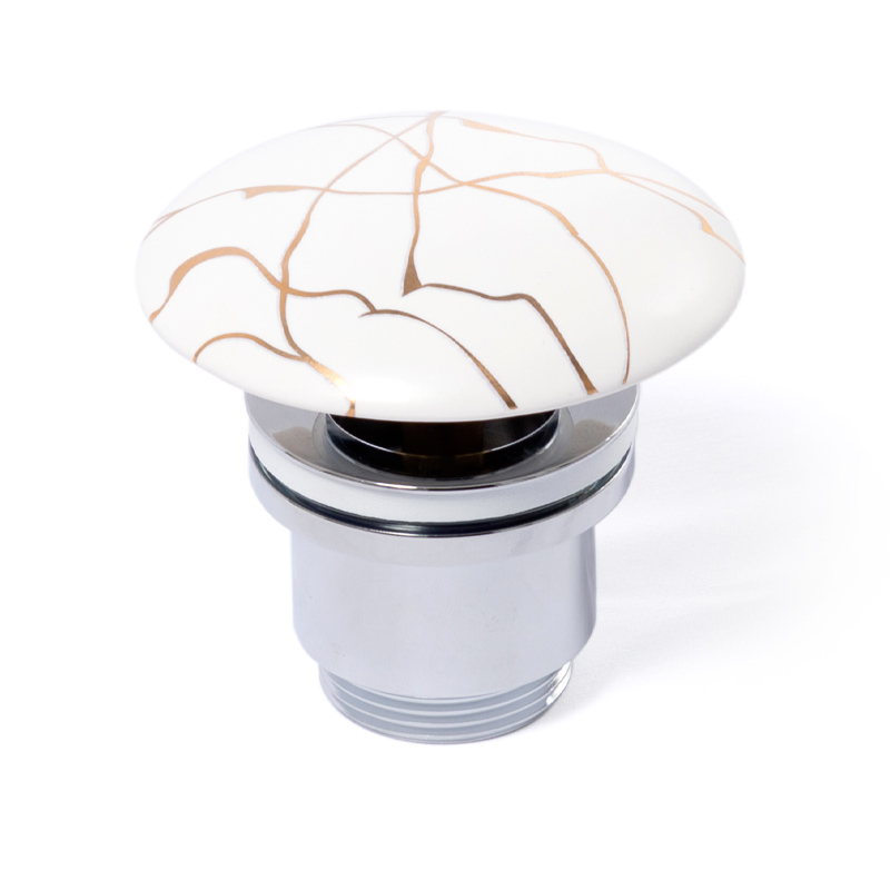 Bonde lavabo clic-clac ou fixe, finition Blanc mat avec motif or