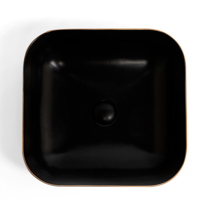 Vasque à poser 45 x 43 cm carrée, céramique, Noir mat avec liseré or, made in France, Eva