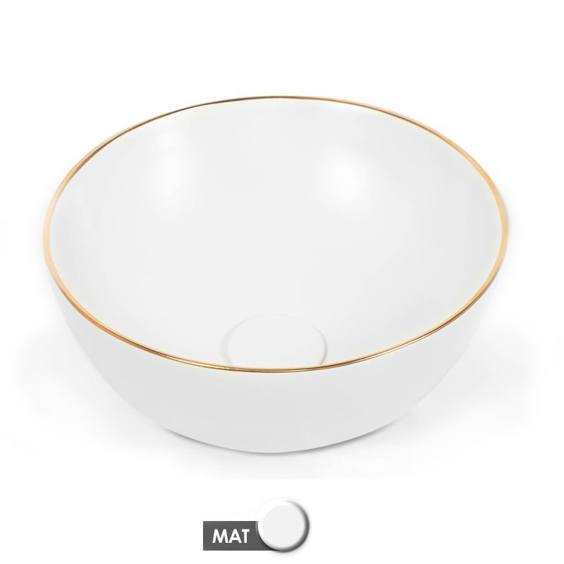 Vasque à poser 41 x 37 cm ronde, céramique, Blanc mat avec liseré Or, made in France, Fil