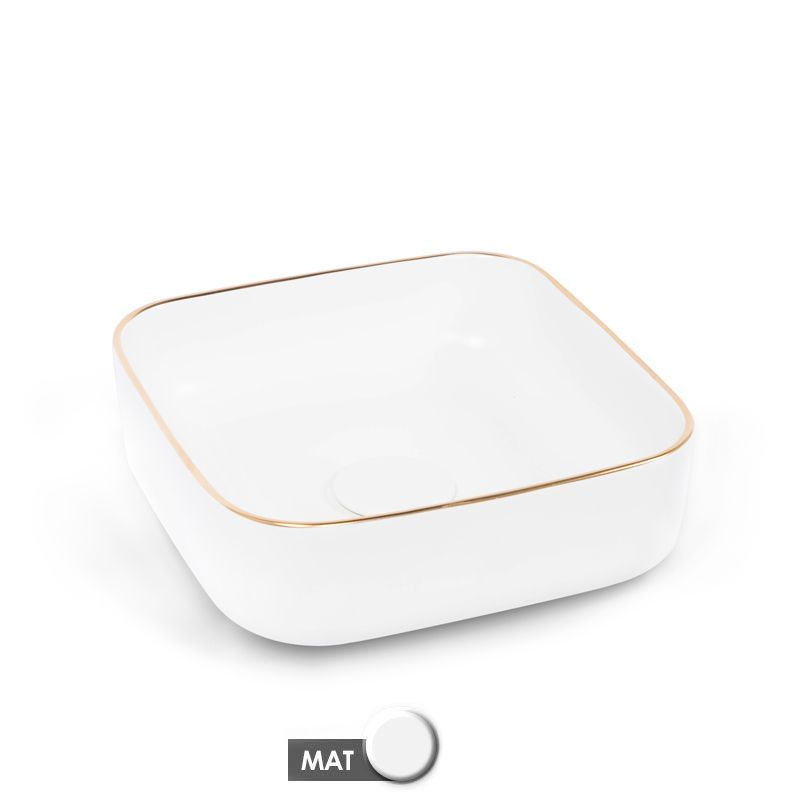 Vasque à poser 37,5 x 37,5 cm carrée, céramique, Blanc mat avec liseré Or, made in France, Fil