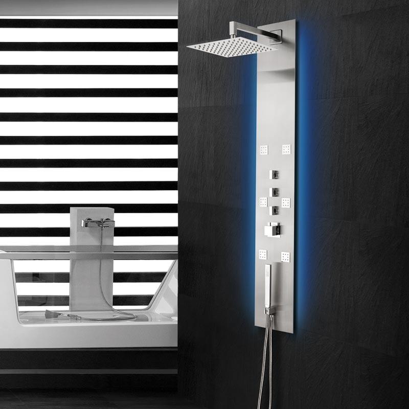 Fixplus, panneau de douche encastré hydromassant et leds, thermostatique, acier inoxydable