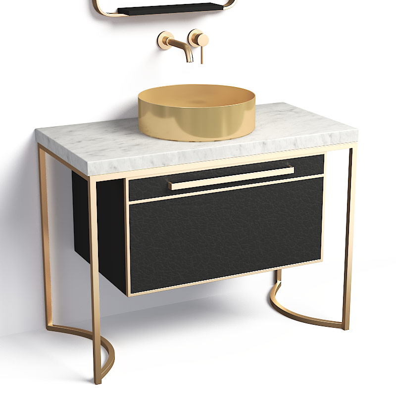Ensemble meuble 100 cm cuir noir avec plan marbre et structure dorée + miroir LED, Haussmann 1