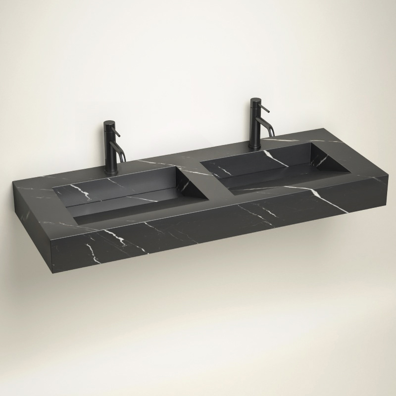 Plan 2 Vasques, 121x46x12, Marbre Black Marquina, Lake