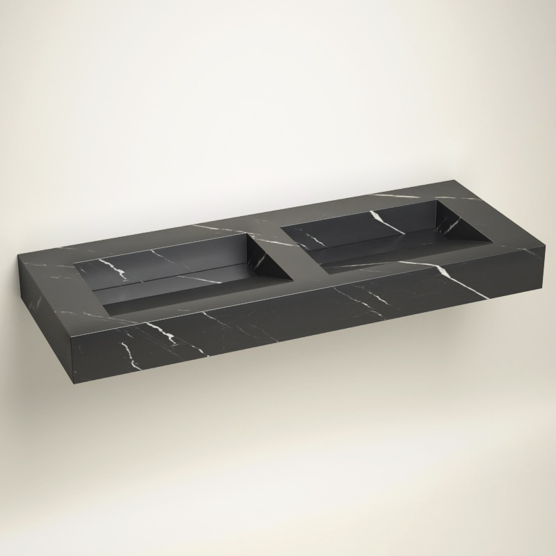 Plan 2 Vasques, 121x46x12, Marbre Black Marquina, Lake