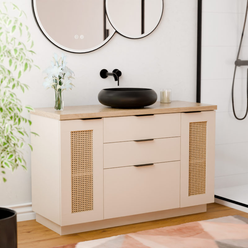 Meuble Cannage en rotin 120 cm, beige, plan imitation chêne clair, Alma