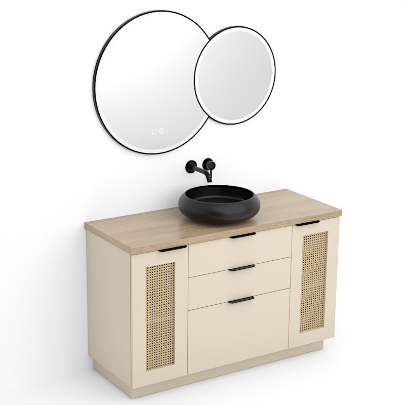Meuble Cannage en rotin 120 cm, beige, plan imitation chêne clair, Alma