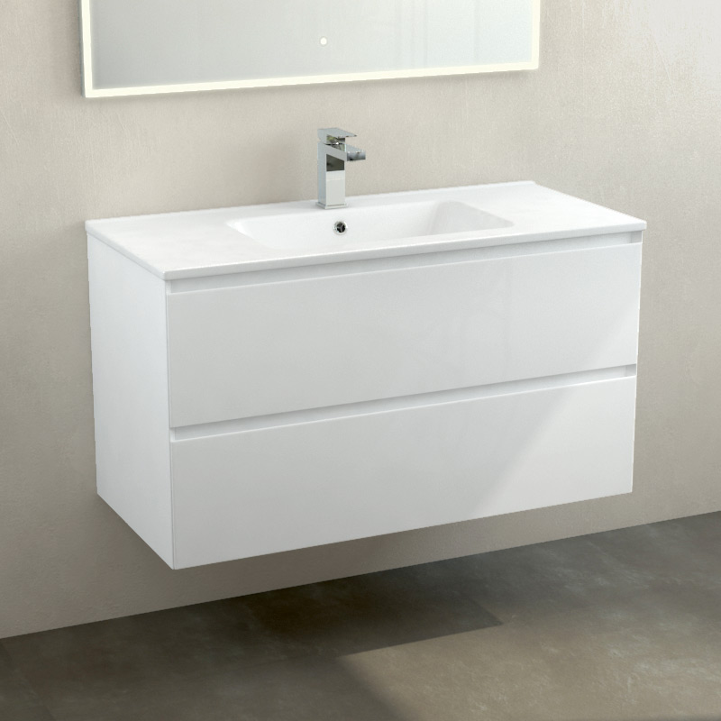 Meuble suspendu 100cm et plan vasque céramique, 2 tiroirs, blanc brillant, One