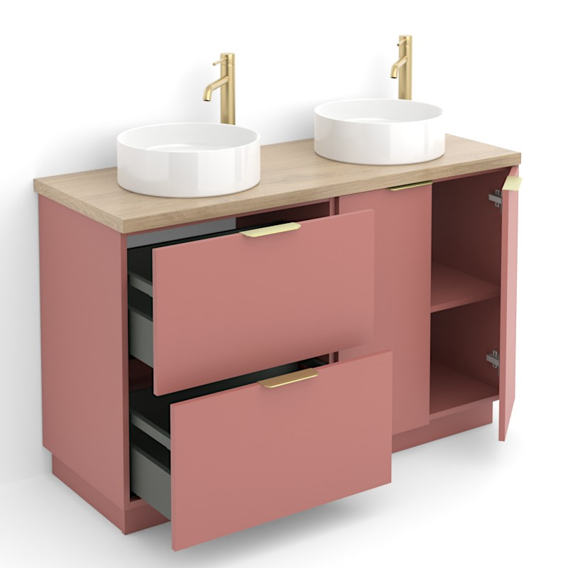 Meuble 120 cm Rouge argile, plan aspect chêne clair, 2 tiroirs et 2 portes Alma