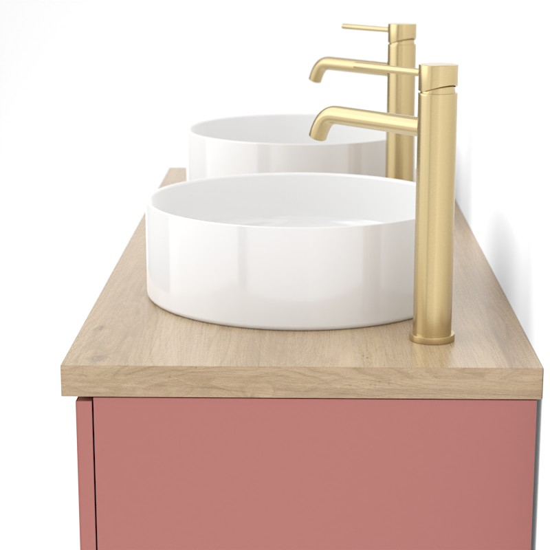 Meuble 120 cm Rouge argile, plan aspect chêne clair, 2 tiroirs et 2 portes Alma