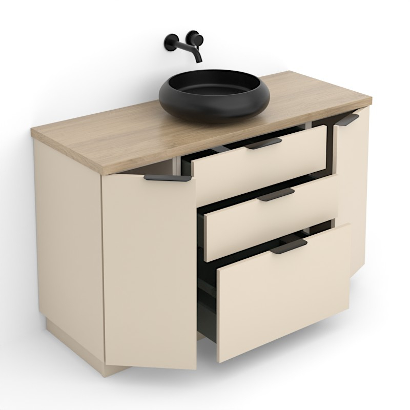 Meuble 120 cm Biscuit et Plan aspect chêne clair, 3 tiroirs et 2 portes Alma