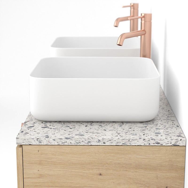 Meuble sur pieds 120 cm pour vasque à poser , Amazonia et Plan Terrazzo Kala White Caruso