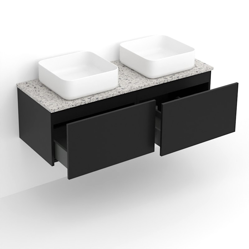Meuble suspendu 120 cm pour vasque à poser, Noir et Plan Terrazzo Kala White,Caruso