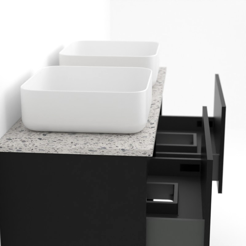 Meuble suspendu 120 cm pour vasque à poser, Noir et Plan Terrazzo Kala White,Caruso