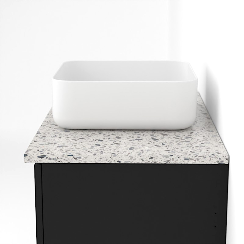 Meuble suspendu 80 cm pour vasque à poser, Noir et Plan Terrazzo Kala White, Caruso