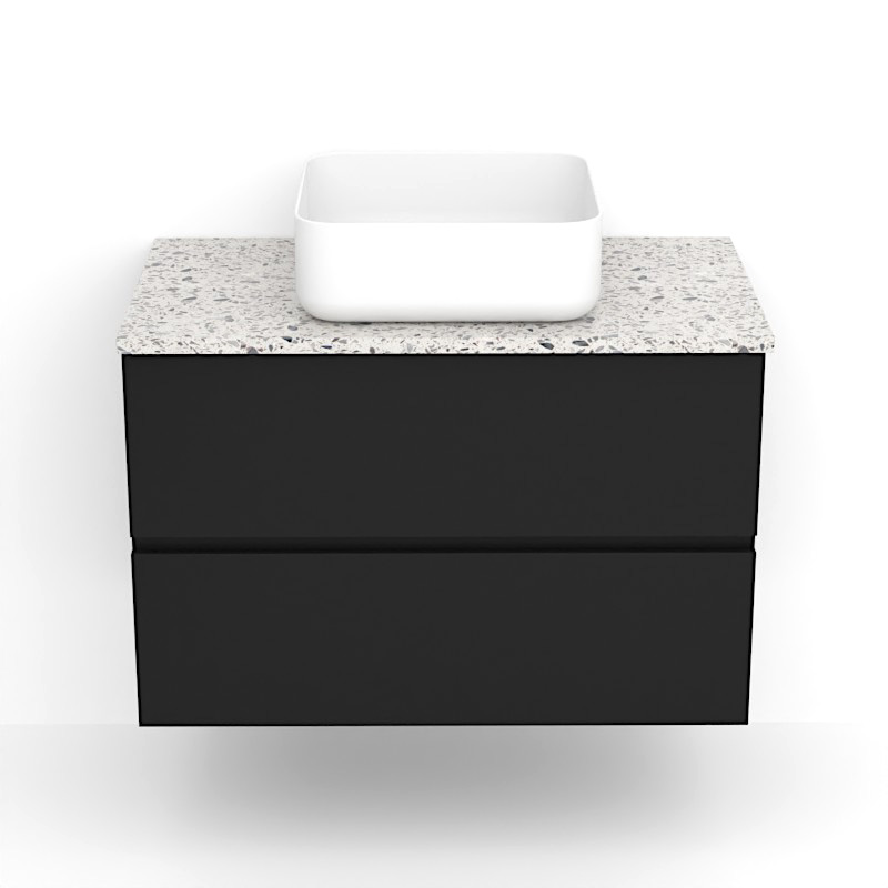 Meuble suspendu 80 cm pour vasque à poser, Noir et Plan Terrazzo Kala White, Caruso