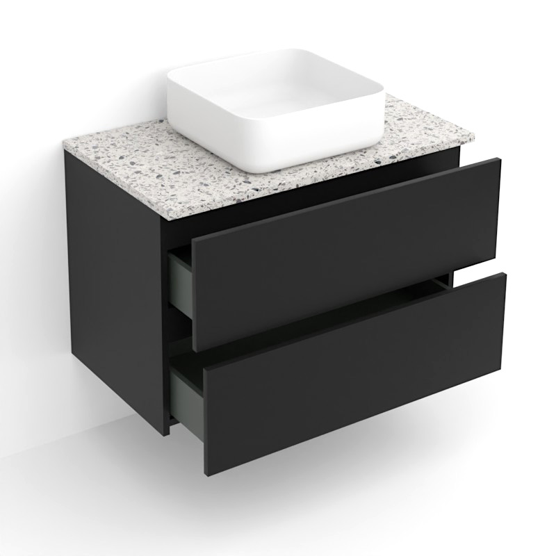 Meuble suspendu 80 cm pour vasque à poser, Noir et Plan Terrazzo Kala White, Caruso