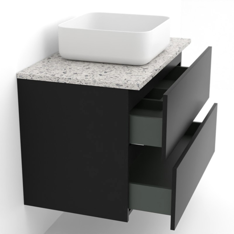 Meuble suspendu 80 cm pour vasque à poser, Noir et Plan Terrazzo Kala White, Caruso