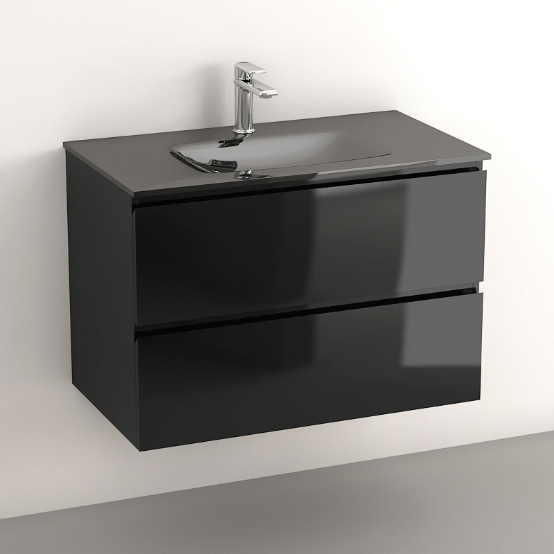 Meuble Salle de Bain suspendu, noir brillant, 80 cm, plan verre, Glass3