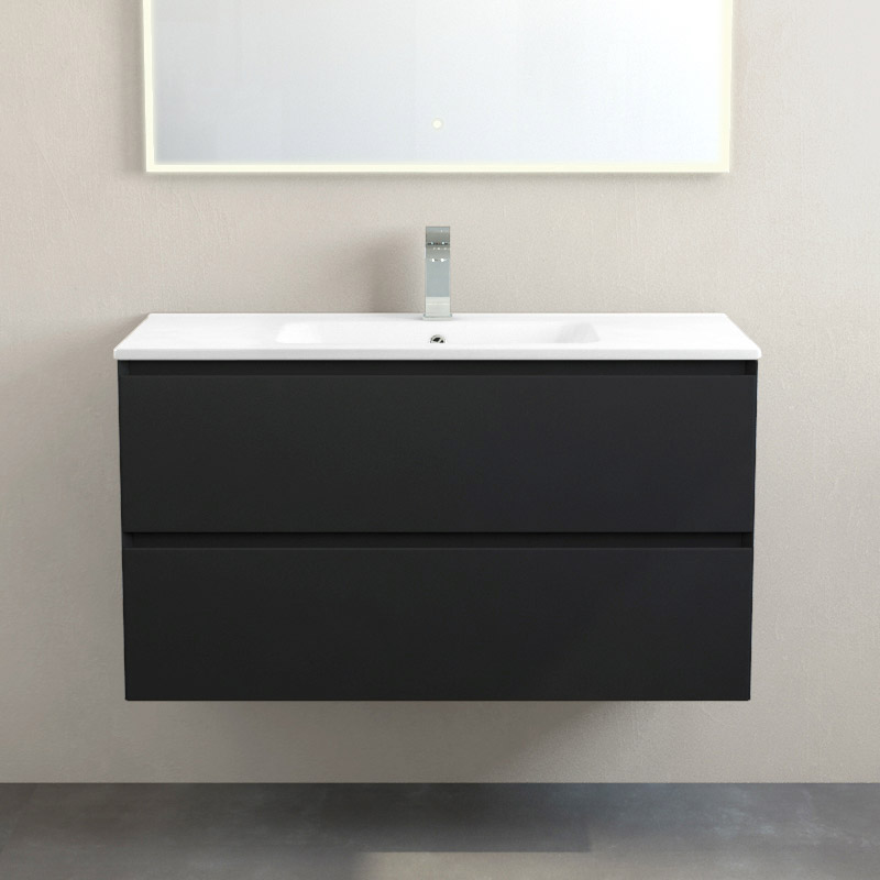 Meuble suspendu 100cm noir mat et plan vasque céramique blanc, One
