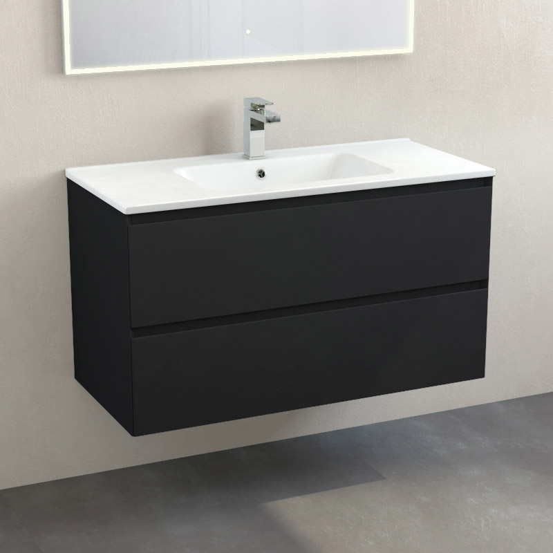 Meuble suspendu 100cm noir mat et plan vasque céramique blanc, One