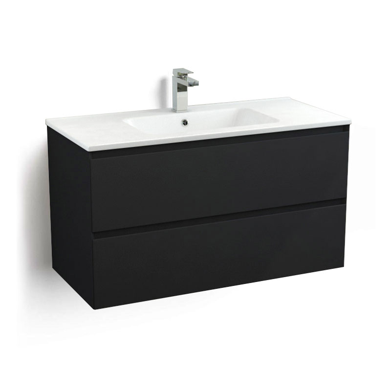 Meuble suspendu 100cm noir mat et plan vasque céramique blanc, One