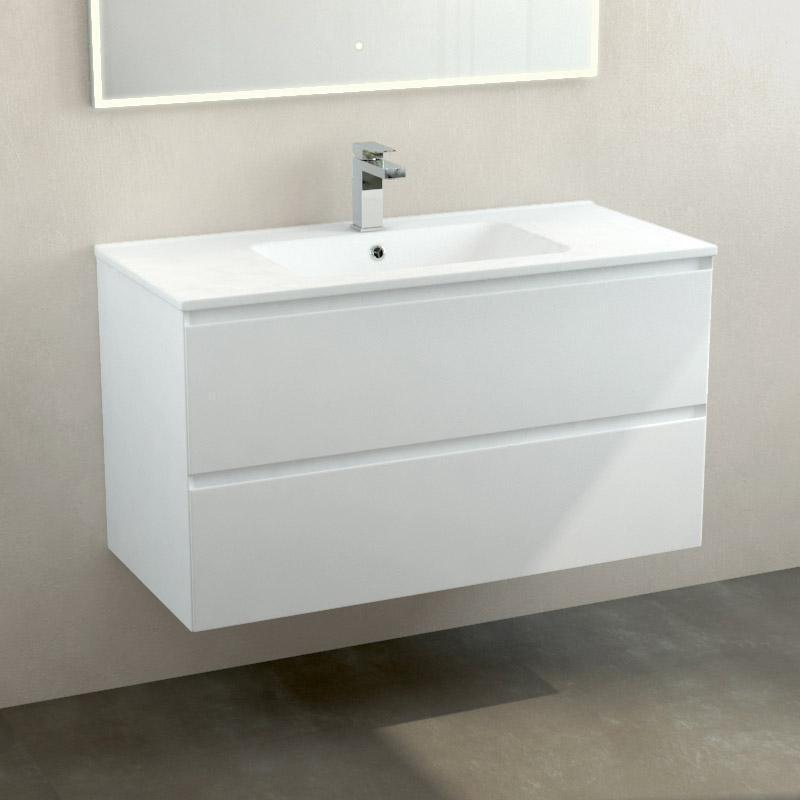 Meuble suspendu 100cm et plan vasque céramique, 2 tiroirs, blanc mat, One