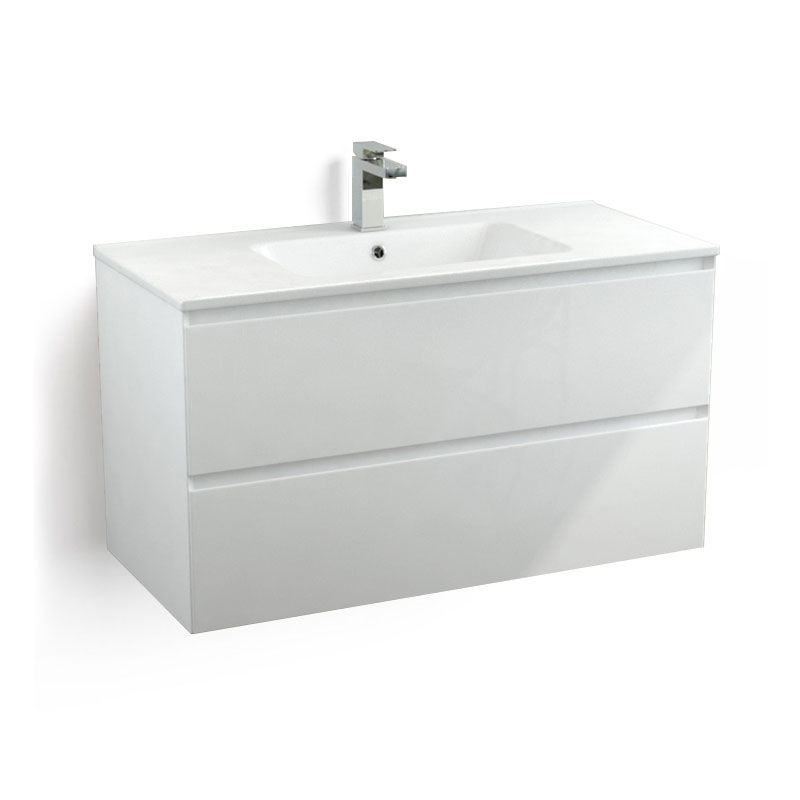 Meuble suspendu 100cm et plan vasque céramique, 2 tiroirs, blanc mat, One