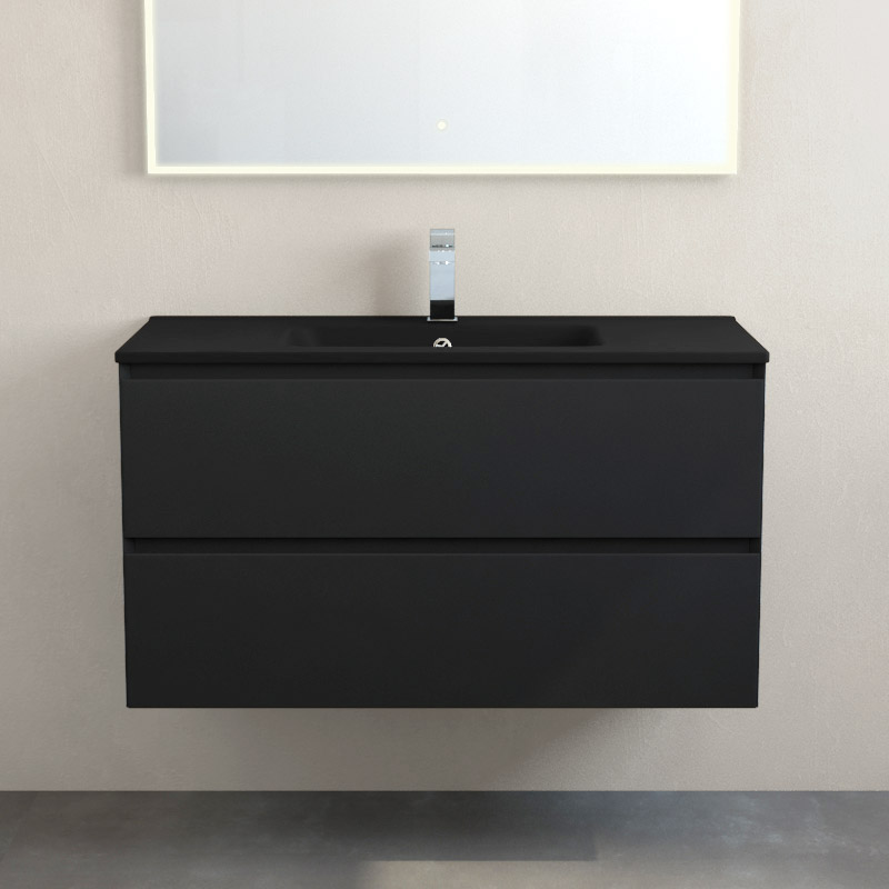 Meuble suspendu 100cm noir mat et plan vasque céramique noir mat, One