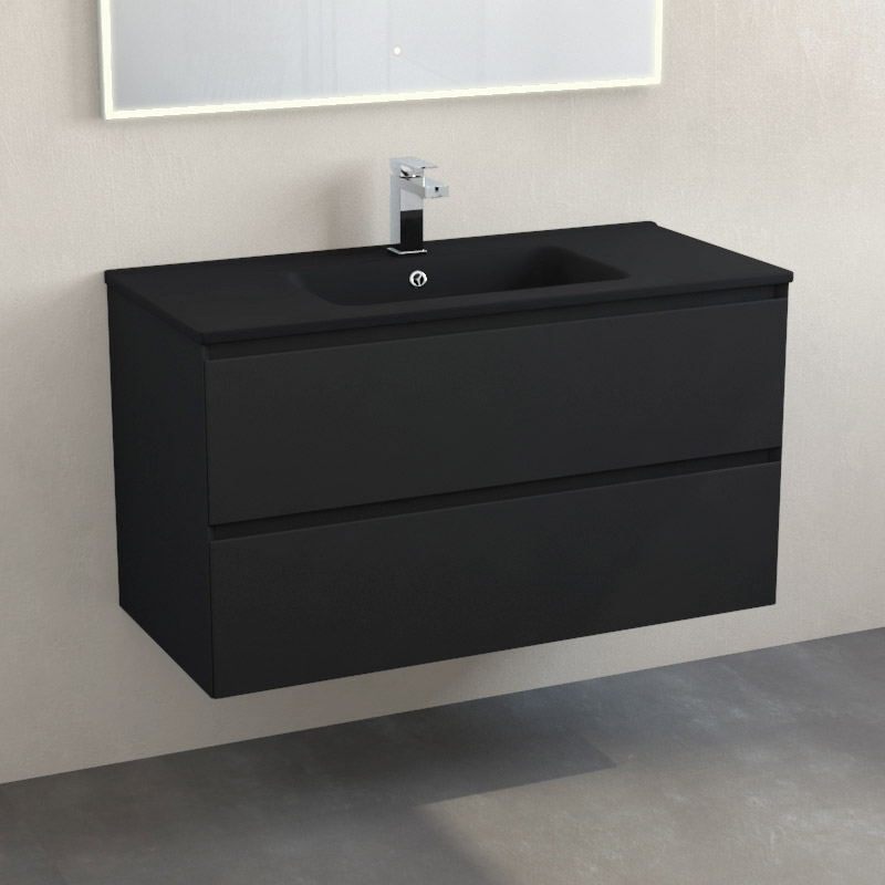 Meuble suspendu 100cm noir mat et plan vasque céramique noir mat, One