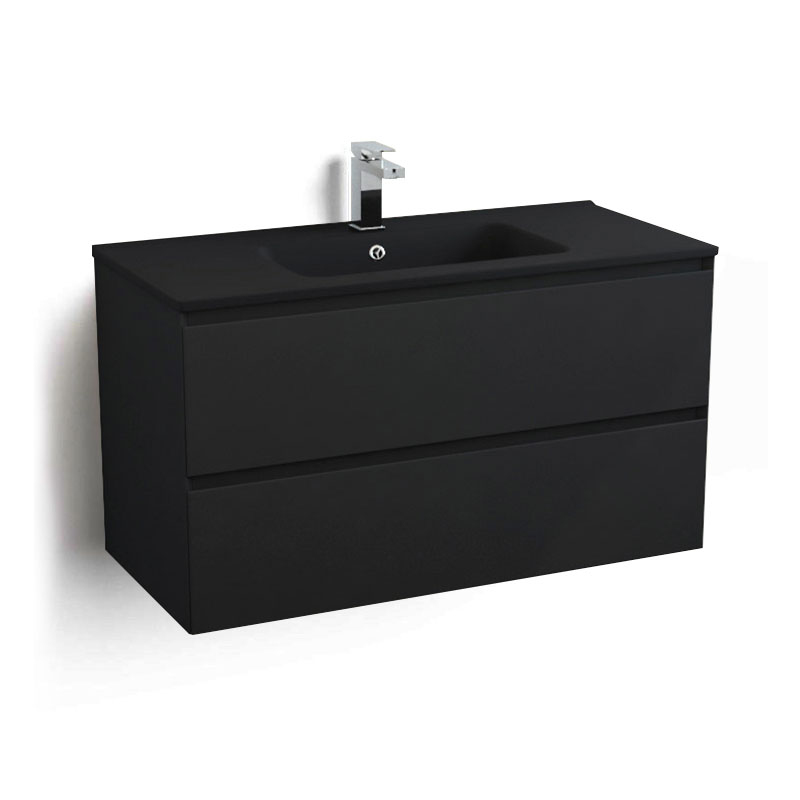 Meuble suspendu 100cm noir mat et plan vasque céramique noir mat, One