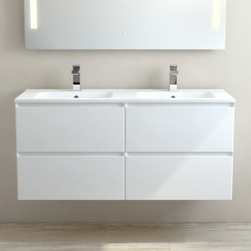 Meuble suspendu double vasque céramique mat 120 cm, blanc mat, One