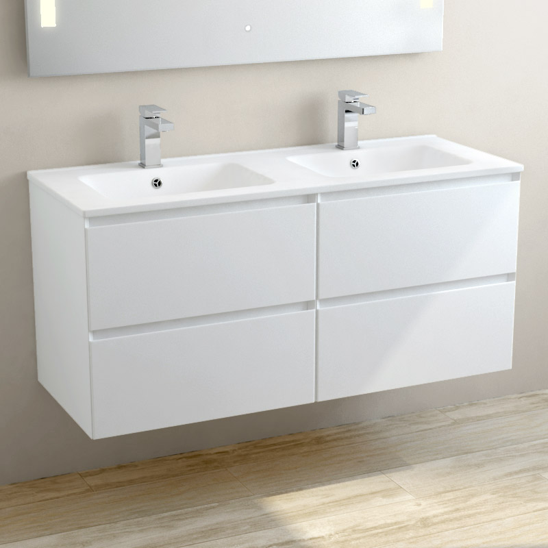 Meuble suspendu double vasque céramique mat 120 cm, blanc mat, One