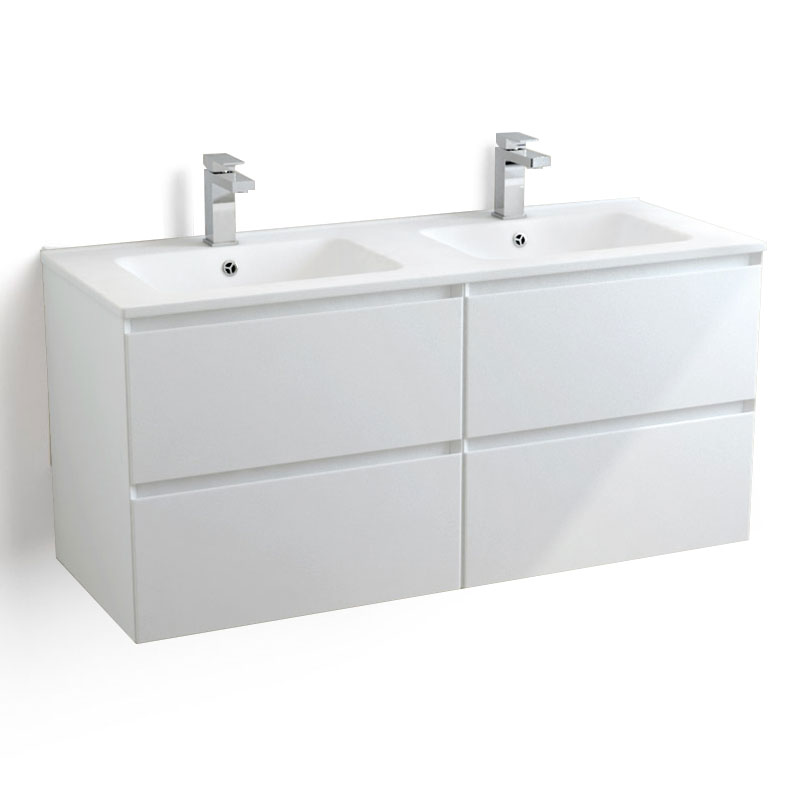 Meuble suspendu double vasque céramique mat 120 cm, blanc mat, One