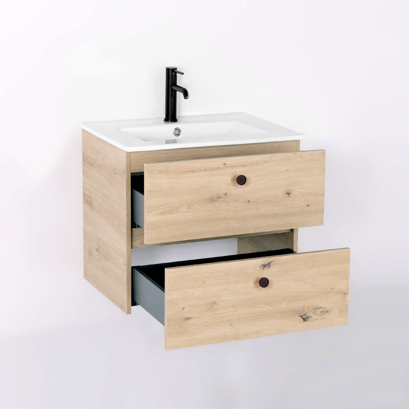 Meuble salle de bain suspendu 60 ou 80 cm, Amazonia, 2 tiroirs + vasque céramique, Caruso