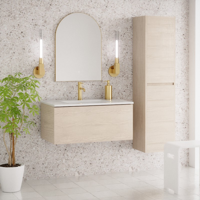 Meuble salle de bains 80cm et colonne assortie fresne clair, Caruso