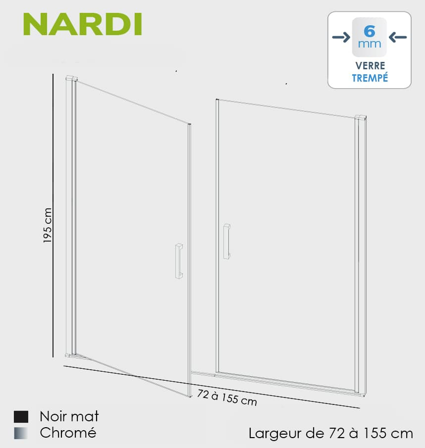 Portes de douche sur mesure saloon, chromé, de 72cm à 155cm Nardi