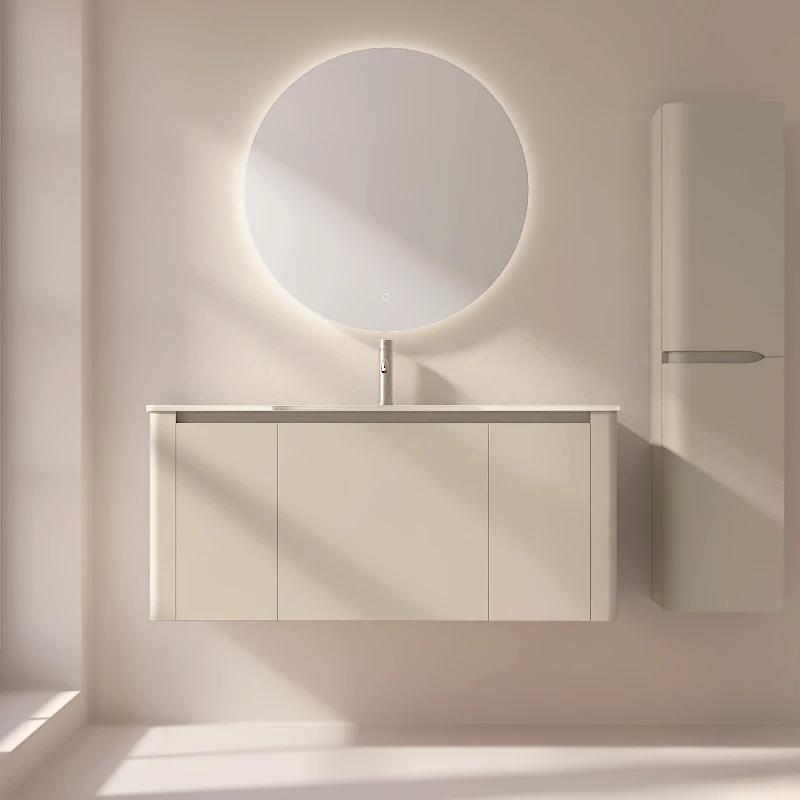 Meuble suspendu beige, 120 cm, avec plan vasque encastré en verre, Panthéon