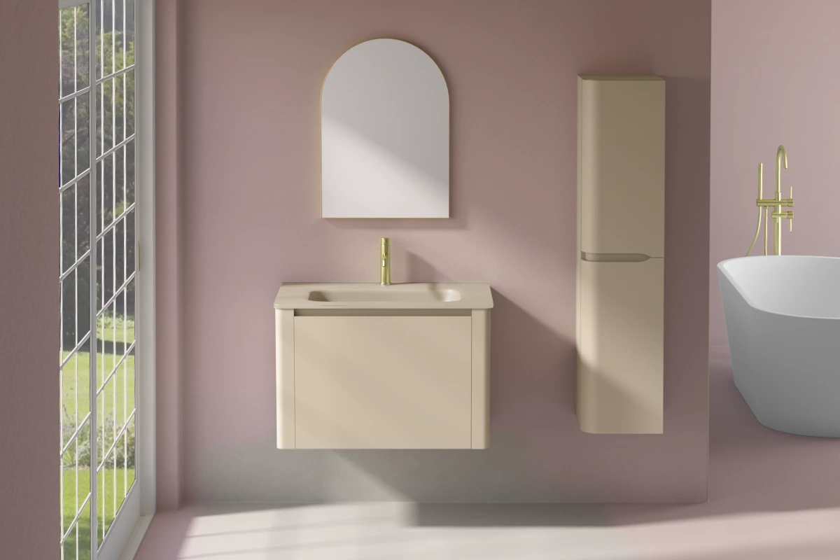 Meuble suspendu beige, 80 cm, avec plan vasque encastré en verre, Panthéon