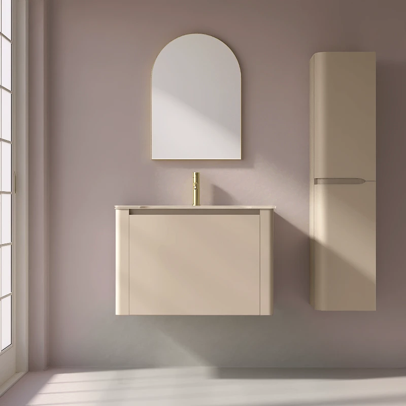 Meuble suspendu beige, 80 cm, avec plan vasque encastré en verre, Panthéon