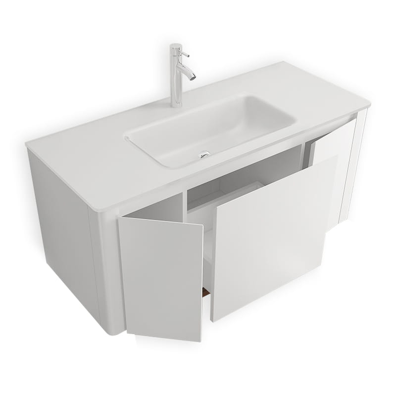 Meuble suspendu blanc mat, 120 cm, avec plan vasque encastré en verre, Panthéon