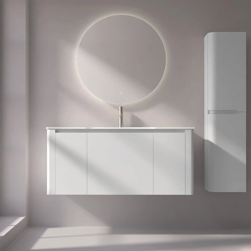 Meuble suspendu blanc mat, 120 cm, avec plan vasque encastré en verre, Panthéon